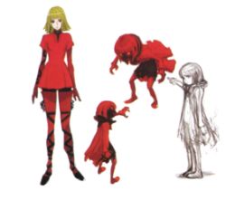 Rule 34 | age progression, blonde hair, bob cut, cape, drag-on dragoon, lowres, manah, official art, red cape, red eyes, red hood