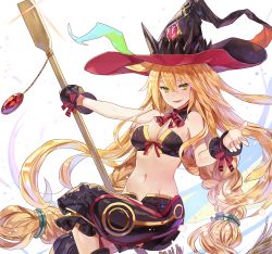 Rule 34 | 1girl, adhesive bra, bare shoulders, blonde hair, bra, braid, breasts, broom, cleavage, detached collar, green eyes, hair between eyes, hair ornament, hat, highres, holding, holding broom, kim eb, long hair, looking at viewer, low-tied long hair, majo to hyakkihei, medium breasts, metallica (majo to hyakkihei), midriff, navel, neck ribbon, open mouth, outstretched arms, pants, ribbon, smirk, solo, stomach, teeth, twin braids, underwear, very long hair, witch hat, wrist cuffs