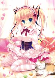 Rule 34 | 1girl, absurdres, blonde hair, blue eyes, breasts, cat, curtains, dress, food, hairband, highres, lolita hairband, long sleeves, macaron, mikeou, pink thighhighs, sitting, striped clothes, striped thighhighs, thighhighs, twintails, vertical-striped clothes, vertical-striped thighhighs, wariza