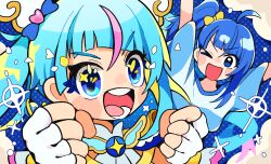 Rule 34 | 2girls, ahoge, arms up, behind another, blonde hair, blue background, blue hair, blue shirt, blunt bangs, blush, bow, brooch, clenched hands, cloud, colored inner hair, cure sky, dual persona, fingerless gloves, gloves, hair bow, hands up, highres, hirogaru sky! precure, jewelry, long hair, looking at viewer, multicolored hair, multiple girls, open mouth, pink hair, polka dot, polka dot background, precure, shirt, short sleeves, side ponytail, single sidelock, smile, sora harewataru, sparkle, sparkling eyes, streaked hair, striped clothes, striped shirt, taoru (towtowru), twintails, upper body, white gloves, yellow bow