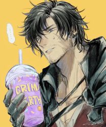 Rule 34 | 1boy, aoikura, artist name, beard, black gloves, black hair, blue eyes, clive rosfield, cup, english text, engrish text, facial hair, final fantasy, final fantasy xvi, gloves, grimace shake (meme), hair between eyes, highres, holding, holding cup, male focus, mcdonald&#039;s, meme, muscular, open clothes, parted lips, pectoral cleavage, pectorals, ranguage, red shirt, scar, scar on face, shirt, short hair, signature, simple background, solo, speech bubble, stubble, sweatdrop, teeth, upper body, yellow background