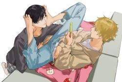 Rule 34 | 2boys, barefoot, black eyes, black hair, blonde hair, brown eyes, brown jacket, chainsaw man, closed mouth, couch, denji (chainsaw man), food, food print, foot on another&#039;s face, gajyago, hair between eyes, hello kitty, highres, holding, jacket, long sleeves, male focus, mole, mole under mouth, multiple boys, one eye closed, pants, plaid, popsicle, sanrio, shirt, simple background, sitting, socks, strawberry print, white background, white socks, yaoi, yoshida hirofumi