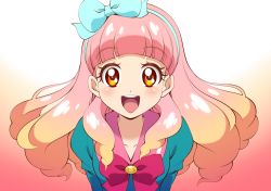 Rule 34 | 10s, 1girl, :d, aikatsu! (series), aikatsu friends!, blunt bangs, blush, bow, bowtie, brown eyes, collarbone, commentary request, foreshortening, gradient background, gradient hair, hair bow, hairband, long hair, looking at viewer, mattsua, multicolored hair, open mouth, orange hair, pink hair, round teeth, sailor collar, school uniform, smile, solo, star harmony academy school uniform, teeth, upper body, upper teeth only, yuki aine