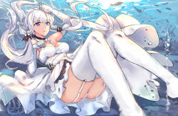 Rule 34 | 1girl, anchor, ass, azur lane, bare shoulders, breasts, cleavage, detached collar, dress, elbow gloves, garter straps, gloves, illustrious (azur lane), long hair, low twintails, md5 mismatch, medium breasts, mou zhi pingguo, panties, resolution mismatch, sash, solo, source larger, strapless, strapless dress, thighhighs, thighs, twintails, underwater, underwear, very long hair, water, white dress, white gloves, white hair, white panties, white thighhighs