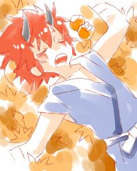 Rule 34 | 1boy, belt, closed eyes, demon boy, demon horns, food, fruit, highres, horns, iwasaki tsubasa, japanese clothes, lying, no nose, on back, on ground, oni, open mouth, original, persimmon, red hair, sleeping, solo
