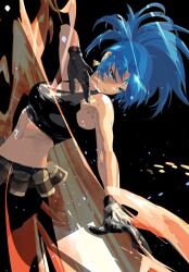 Rule 34 | 1girl, ammunition belt, bare shoulders, black background, black gloves, black tank top, blue eyes, blue hair, closed mouth, cofffee, earrings, gloves, jewelry, leona heidern, midriff, ponytail, sleeveless, snk, soldier, solo, tank top, the king of fighters, the king of fighters xiii, triangle earrings