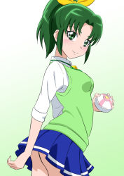 Rule 34 | 1girl, blue skirt, bow, closed mouth, cowboy shot, eyelashes, from side, fuchi (nightmare), gradient background, green background, green eyes, green hair, green sweater, hair bow, hair intakes, high ponytail, highres, holding, long hair, long sleeves, looking at viewer, midorikawa nao, miniskirt, nanairogaoka middle school uniform, pleated skirt, precure, school uniform, shirt, skirt, sleeveless, sleeveless sweater, smile, smile precure!, solo, standing, sweater, white background, white shirt, yellow bow