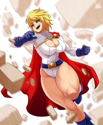 Rule 34 | 1girl, absurdres, artist name, belt, blonde hair, blue eyes, blue footwear, blue gloves, breasts, cape, cleavage, cleavage cutout, clothing cutout, commentary, curvy, dc comics, debris, gloves, highres, jmg, large breasts, leotard, power girl, red cape, short hair, signature, smile, solo, superman (series), thick thighs, thighs, western comics (style), white leotard