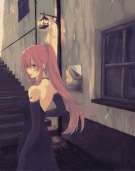 Rule 34 | 1girl, backless dress, backless outfit, bare back, bare shoulders, black dress, blue eyes, dress, elbow gloves, from behind, gloves, lamp, light smile, long hair, looking at viewer, looking back, megurine luka, pink hair, ponytail, road, smile, solo, stairs, street, vocaloid, wakao