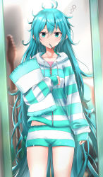 Rule 34 | 1girl, absurdres, blue eyes, blue hair, blue nails, blush, breasts, cowboy shot, expressionless, guitar, hair between eyes, hair down, half-closed eyes, hand on own chest, hand up, hatsune miku, highres, holding, holding pillow, hood, hood down, hooded pajamas, indoors, instrument, itogari, long hair, long sleeves, looking at viewer, messy hair, mouth hold, nail polish, pajamas, pillow, small breasts, solo, striped clothes, striped pajamas, very long hair, vocaloid, zipper
