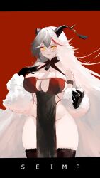 Rule 34 | 1girl, absurdres, aegir (azur lane), aegir (golden dragon among auspicious clouds) (azur lane), artist name, azur lane, black gloves, black horns, black thighhighs, breasts, center opening, cleavage, commentary, cowboy shot, demon horns, english commentary, gloves, highres, horns, large breasts, looking away, multicolored hair, no panties, official alternate costume, pelvic curtain, red background, red hair, seimp, simple background, slit pupils, solo, standing, streaked hair, thighhighs, two-tone hair, white hair, yellow eyes
