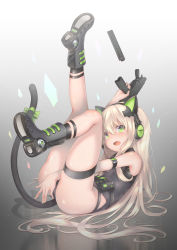 Rule 34 | 1girl, animal ear headphones, animal ears, bare shoulders, blonde hair, blush, bow, breasts, cat ear headphones, cat ears, cat tail, fake animal ears, full body, girls&#039; frontline, gloves, green eyes, gun, hair between eyes, headphones, highres, holding, holding gun, holding weapon, leotard, long hair, looking at viewer, lying, on back, open mouth, sidelocks, simple background, small breasts, solo, b&amp;t mp9, submachine gun, tail, tearing up, tears, thigh strap, tmp (girls&#039; frontline), very long hair, weapon, yaosera
