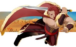 Rule 34 | 1boy, a0912011, armor, beard, cape, character name, command spell, facial hair, fate/zero, fate (series), highres, ionioi hetairoi (fate), iskandar (fate), male focus, pteruges, red eyes, red hair, solo, sword, weapon