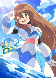Rule 34 | 1boy, 1girl, ;d, alternate color, android, arm up, beak, blue flower, blue sky, blush, brown hair, chill penguin (mega man), cloud, commentary request, day, dripping, dutch angle, flower, flower necklace, food, food print, fruit, hair between eyes, hand up, happy, headset, highres, innertube, iris (mega man), iroyopon, jewelry, lei, light rays, long hair, looking at viewer, mega man (series), mega man x (series), mega man x dive, microphone, necklace, ocean, official alternate costume, one eye closed, open mouth, outdoors, pineapple, salute, sky, smile, sparkle, sunbeam, sunglasses, sunlight, swim ring, teeth, upper teeth only, very long hair, wading, water, water drop, watermelon print, wet, white flower