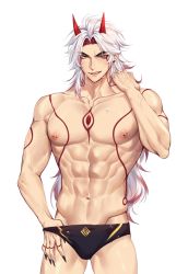 Rule 34 | 1boy, abs, arataki itto, black nails, bracelet, genshin impact, highres, horns, jewelry, male focus, medium hair, muscular, muscular male, nail polish, navel, nipples, oni, oni horns, pale skin, pants, red eyes, red horns, rourouki, simple background, smile, spiked bracelet, spikes, sweat, sweatdrop, swimsuit, tattoo, toned, toned male, water drop, white background, white hair