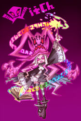 Rule 34 | 1girl, black background, black dress, black thighhighs, book, dragon: marked for death, dress, extra arms, extra eyes, extra mouth, gradient background, hat, highres, holding, holding wand, iikoao, multicolored hair, pink background, pink eyes, pink hair, simple background, solo, striped clothes, striped thighhighs, thighhighs, wand, white hair, white thighhighs, witch (dmfd), witch hat