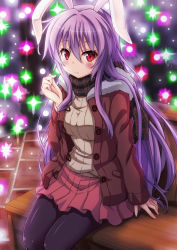 Rule 34 | 1girl, alternate costume, animal ears, black pantyhose, blush, highres, long hair, long sleeves, looking at viewer, oubou, pantyhose, plaid, plaid scarf, purple hair, rabbit ears, red eyes, reisen udongein inaba, scarf, sidelocks, sitting, skirt, smile, solo, sparkle, touhou, winter clothes