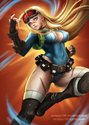 Rule 34 | 1girl, alternate costume, alternate hairstyle, belt, blue leotard, boots, breasts, cammy white, cleavage, fingerless gloves, gloves, goggles, goggles on head, huge breasts, knee pads, leotard, long hair, sina (scrappy), smile, solo, street fighter, street fighter v, thigh boots, thighhighs, utility belt