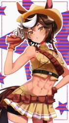 Rule 34 | 1girl, abs, animal ears, bandolier, belt, belt pouch, bike shorts, black belt, black shorts, breast pocket, breasts, brown belt, brown gloves, brown hair, cowboy hat, cowboy shot, crop top, dark-skinned female, dark skin, ears through headwear, gloves, gun, handgun, hat, highres, holding, holding gun, holding weapon, horse ears, horse girl, horse tail, indie virtual youtuber, midriff, miniskirt, multicolored background, multicolored hair, navel, pleated skirt, pocket, pouch, revolver, second-party source, sheriff badge, shirt, short hair, shorts, skirt, sleeveless, sleeveless shirt, solo, star (symbol), star in eye, streaked hair, striped background, symbol in eye, tail, tomoe umari, uni (maru231), virtual youtuber, weapon, white hair, yellow eyes, yellow hat, yellow shirt, yellow skirt