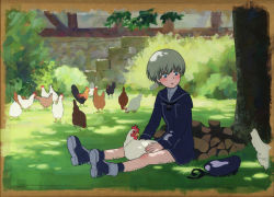 Rule 34 | 10s, 1girl, bird, blue eyes, blush, chicken, clothes writing, colored eyelashes, dress, grass, hat, unworn hat, unworn headwear, kantai collection, kriegsmarine, looking to the side, military, military uniform, moss, neckerchief, open mouth, outdoors, painting (medium), rooster, sailor collar, sailor dress, sailor hat, shijukara (great tit), short hair, silver hair, sitting, solo, stone wall, tareme, traditional media, tree, under tree, uniform, wall, watercolor (medium), z1 leberecht maass (kancolle)
