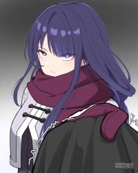 Rule 34 | 1girl, absurdres, alternate costume, angry, asiri senpai, blunt bangs, braid, clothes pull, coat, commentary, english commentary, genshin impact, gradient background, highres, long hair, long sleeves, looking at viewer, low ponytail, mittens, mole, mole under eye, pov, purple eyes, purple hair, purple mittens, raiden shogun, red scarf, scarf, sidelocks, signature, simple background, single braid, v-shaped eyebrows, winter clothes, winter coat