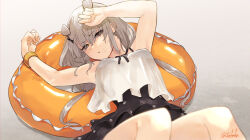 Rule 34 | 1girl, arms up, breasts, fuwafuwatoufu, grey hair, hair between eyes, hair ornament, hairclip, headgear, i-201 (kancolle), innertube, kantai collection, long hair, looking at viewer, low twintails, lying, medium breasts, official alternate costume, on back, one-piece swimsuit, parted lips, polka dot, polka dot swimsuit, simple background, solo, swim ring, swimsuit, twintails, twitter username