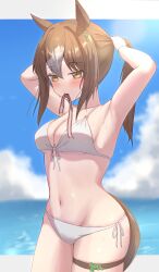 Rule 34 | 1girl, absurdres, alternate costume, animal ears, armpits, arms up, bikini, blue sky, blurry, blurry background, breasts, cloud, cloudy sky, commentary request, cowboy shot, day, fine motion (umamusume), front-tie bikini top, front-tie top, hair ornament, hairclip, highres, horse ears, horse girl, horse tail, long hair, medium breasts, mouth hold, navel, ocean, outdoors, ponytail, side-tie bikini bottom, sky, solo, stomach, swimsuit, tail, thigh strap, thighs, umamusume, uryua0324, water, white bikini