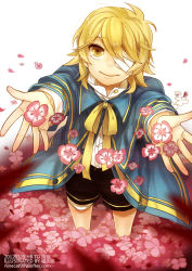 Rule 34 | 1boy, amelie999, bandages, bandage over one eye, blonde hair, flower, male focus, no headwear, no headwear, oliver (vocaloid), sailor, short hair, signature, smile, solo, vocaloid, watermark, web address, yellow eyes