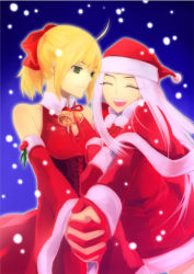 Rule 34 | 2girls, ^ ^, alternate costume, artoria pendragon (all), artoria pendragon (fate), bare shoulders, blonde hair, christmas, closed eyes, detached sleeves, closed eyes, fate/stay night, fate/zero, fate (series), gloves, haruyou, hat, holding hands, holly, interlocked fingers, irisviel von einzbern, long hair, multiple girls, ponytail, red gloves, saber (fate), santa costume, santa hat, snowing, white hair