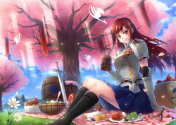 Rule 34 | 1girl, apple, armor, boots, brown eyes, cake, cat bell (artist), catbell413, cherry blossoms, cloud, cup, erza scarlet, fairy tail, flower, food, fruit, hanami, knife, long hair, mountain, mug, outdoors, picnic, red hair, salad, skirt, sky, smile, solo, strawberry, sunlight, sword, tree, weapon