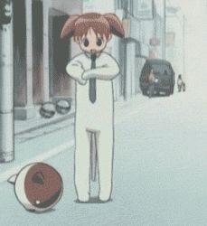 Rule 34 | &gt; &lt;, animated, animated gif, azumanga daiou, cathead, child, cosplay, faceplant, kigurumi, lowres, mihama chiyo, necktie, screencap, short twintails, shorts, solo, twintails, undressing