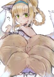 Rule 34 | 1girl, ?, aburiengawa3150, animal ears, arknights, blonde hair, braid, fox ears, fox tail, green eyes, infection monitor (arknights), jewelry, material growth, necklace, one-hour drawing challenge, oripathy lesion (arknights), suzuran (arknights), tail, white background