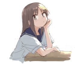 Rule 34 | 1girl, blue sailor collar, blush, brown eyes, brown hair, character request, head rest, closed mouth, desk, from behind, from side, grey shirt, light blush, looking at viewer, looking to the side, sailor collar, school uniform, serafuku, shirt, short sleeves, simple background, solo, umiroku, upper body, v-shaped eyebrows, white background, yuyushiki
