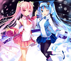 Rule 34 | 2girls, alternate color, bison cangshu, black legwear, blue eyes, blue skirt, blush, cherry blossoms, commentary, detached sleeves, diving mask, diving mask on head, dual persona, flower, flower ornament, gloves, goggles, goggles on head, hair flower, hair ornament, hatsune miku, holding hands, jacket, leaf, leaf hair ornament, leg up, long hair, long sleeves, looking at viewer, multiple girls, necktie, one eye closed, open mouth, pantyhose, petals, pink eyes, pink hair, pink skirt, pink theme, sakura miku, scarf, skirt, smile, snowflakes, twintails, very long hair, vocaloid, white gloves, white scarf, yuki miku