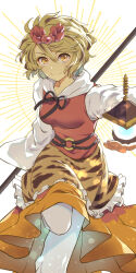 Rule 34 | 1girl, animal print, bishamonten&#039;s pagoda, bishamonten&#039;s spear, blonde hair, closed mouth, commentary request, feet out of frame, full body, hair ornament, highres, holding, holding weapon, looking at viewer, multicolored hair, nayozane (worker7), pagoda, shawl, short hair, simple background, smile, solo, standing, standing on one leg, streaked hair, tiger print, toramaru shou, touhou, weapon, white background, yellow eyes