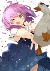 Rule 34 | 1girl, ;d, ahoge, blue dress, bob cut, candy hair ornament, confetti, crescent, crescent earrings, crescent necklace, crown, dress, earrings, food-themed hair ornament, gradient hair, green eyes, hair ornament, hairclip, highres, himemori luna, himemori luna (sundress), hololive, jewelry, mini crown, multicolored hair, necklace, nejime, one eye closed, open mouth, pink hair, pleated dress, princess, purple hair, short dress, short hair, sleeveless, sleeveless dress, smile, solo, subaru duck, tilted headwear, virtual youtuber