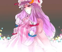 Rule 34 | 1girl, blue bow, bow, crescent, dress, female focus, frills, hair bow, half-closed eyes, hat, long hair, long sleeves, magic, mob cap, multi-tied hair, multiple hair bows, patchouli knowledge, pink dress, purple eyes, purple hair, red bow, solo, touhou, upper body, very long hair, yukizen