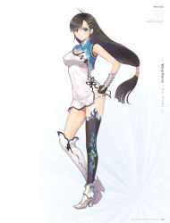 Rule 34 | 1girl, ahoge, armor, armored boots, asymmetrical legwear, black hair, blade arcus from shining, blue eyes, boots, bow, breasts, chinese clothes, cleavage, clenched hand, covered navel, dress, full body, hair ornament, hairclip, hand on own hip, high heels, highres, knee boots, kneehighs, long hair, long legs, looking at viewer, low-tied long hair, microdress, official art, pairon, shining (series), single kneehigh, single sock, single thighhigh, socks, solo, standing, taut clothes, thighhighs, tony taka, uneven legwear, very long hair