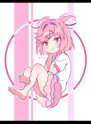 Rule 34 | 1girl, aicedrop, barefoot, doki doki literature club, feet, hair ornament, hair ribbon, letterboxed, looking at viewer, natsuki (doki doki literature club), pink eyes, pink hair, pout, ribbon, shirt, short hair, simple background, skirt, solo, tears, twintails, two side up