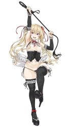 Rule 34 | 1girl, asanagi, black corset, black legwear, blonde hair, corset, flat chest, frilled corset, frills, high heels, looking at viewer, smile, solo, standing, standing on one leg, tagme, twintails, whip, wide hips