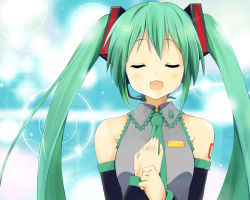 Rule 34 | 1girl, bare shoulders, detached sleeves, closed eyes, green hair, hatsune miku, headset, long hair, necktie, open mouth, solo, twintails, vocaloid, wara (warapro)