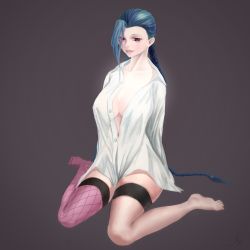 Rule 34 | 1girl, blue hair, braid, breasts, cleavage, jinx (league of legends), large breasts, league of legends, long hair, pink eyes, shirt, single thighhigh, sitting, solo, thighhighs, twin braids