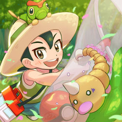 Rule 34 | 1boy, :d, blush, brown eyes, bug catcher (pokemon), butterfly net, caterpie, commentary request, creatures (company), day, forest, game freak, gen 1 pokemon, green hair, green shirt, green shorts, hair between eyes, hand net, hat, hat ribbon, holding, holding butterfly net, male focus, nature, nintendo, on head, open mouth, outdoors, petals, poke ball, poke ball (basic), pokemon, pokemon (creature), pokemon lgpe, pokemon on head, ribbon, shirt, shorts, smile, teeth, tom (pixiv10026189), tongue, tree, weedle
