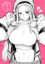 Rule 34 | 1girl, ?, absurdres, blush, greyscale, greyscale with colored background, hat, heart, highres, jewelry bonney, lipstick, long hair, makeup, midriff, monochrome, navel, one piece, pink background, pink eyes, solo, sweater, yotsumi shiro