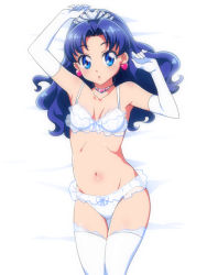 Rule 34 | 10s, bad id, bad pixiv id, bare shoulders, bed sheet, blue eyes, blue hair, blush, bra, cropped legs, earrings, elbow gloves, frilled bra, frilled hairband, frilled panties, frills, from above, gloves, hairband, heart, heart earrings, jewelry, kirakira precure a la mode, long hair, looking at viewer, lying, navel, on bed, panties, parted lips, poncho s, precure, solo, tategami aoi, thighhighs, underwear, white bra, white gloves, white panties
