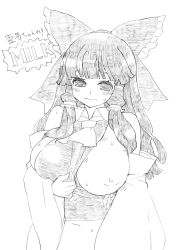 Rule 34 | 1girl, ascot, blush, bottomless, breast slip, breasts, detached sleeves, embarrassed, female focus, greyscale, hair tubes, hakurei reimu, highres, huge breasts, long hair, monochrome, monochrome, nipples, one breast out, ribbon, solo, touhou, tsuutenkaaku