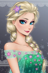 Rule 34 | 1girl, artist name, blonde hair, blue eyes, braid, coll, collarbone, dress, elsa (frozen), eyelashes, eyeliner, flower, frozen (disney), hair flower, hair ornament, hairclip, highres, lips, lipstick, looking at viewer, makeup, mari945, messy hair, portrait, red lips, sidelocks, single braid, smile, solo, sparkle, strapless, strapless dress, upper body