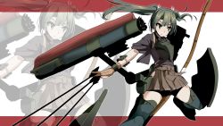 Rule 34 | &gt;:|, 10s, 1girl, :|, arrow (projectile), bike shorts, boots, bow (weapon), closed mouth, gloves, green eyes, hakama, hakama short skirt, hakama skirt, heavens thunder (byakuya-part2), highres, japanese clothes, kantai collection, long hair, muneate, partially fingerless gloves, partly fingerless gloves, quiver, skirt, solo, thigh boots, thighhighs, twintails, v-shaped eyebrows, weapon, yugake, zettai ryouiki, zoom layer, zuikaku (kancolle)