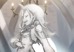 Rule 34 | 1girl, chandelier, chest belt, closed eyes, clothing cutout, commentary request, demon girl, fang, flat chest, heebee, long hair, long sleeves, nanashi inc., open mouth, petrification, pointy ears, profile, shishio chris, shoulder cutout, smile, solo, upper body, virtual youtuber