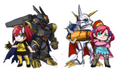 Rule 34 | 2boys, 2girls, aiba ami, alphamon, cape, chibi, crossed arms, digimon, digimon story: cyber sleuth, full body, fusion, highres, horns, looking at viewer, multiple boys, multiple girls, omegamon, red hair, shiramine nokia, simple background, smile, white background